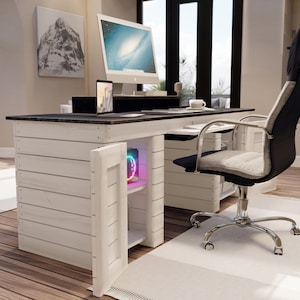  Escritorio blanco con 2 cajones, escritorio plateado y blanco,  escritorio de oficina en casa, mesa de tocador de maquillaje moderna con  escritorio brillante, escritorio de pie para computadora con : Videojuegos