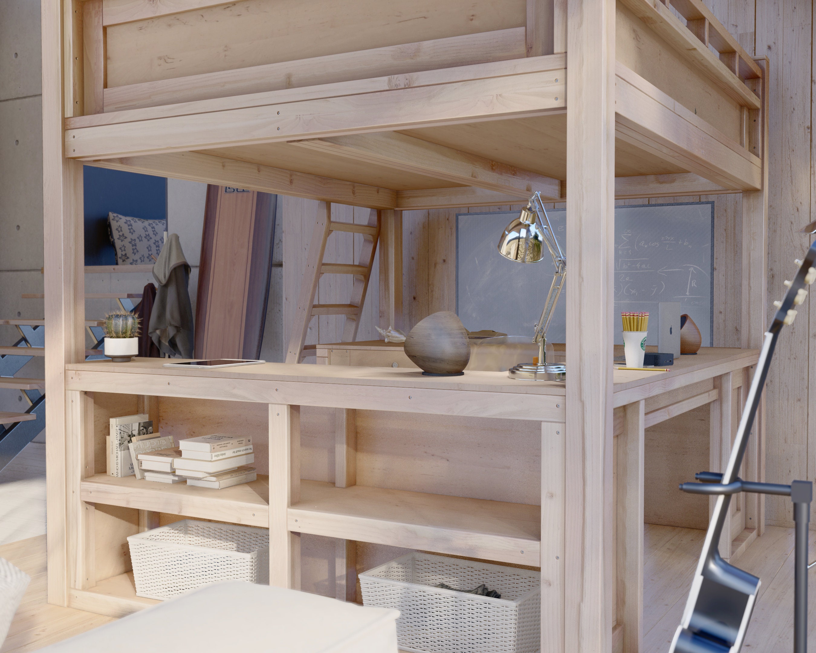 Full Loft Bed Plan With Desk and Storage, PDF Download - Etsy