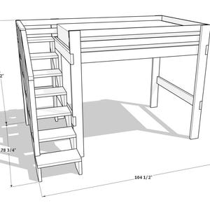 May include: A wooden loft bed frame with integrated stairs. The frame is 104 1/2 inches long, 78 3/4 inches wide, and 72 inches high. The stairs are on the left side, providing access to the elevated sleeping area. The design is simple and functional.