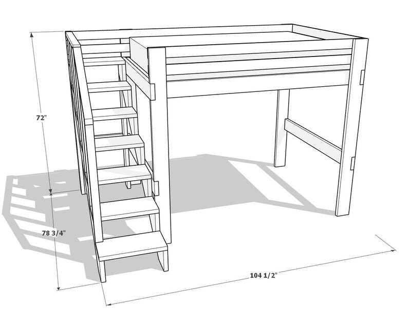 May include: A wooden loft bed frame with integrated stairs. The frame is 104 1/2 inches long, 78 3/4 inches wide, and 72 inches high. The stairs are on the left side, providing access to the elevated sleeping area. The design is simple and functional.