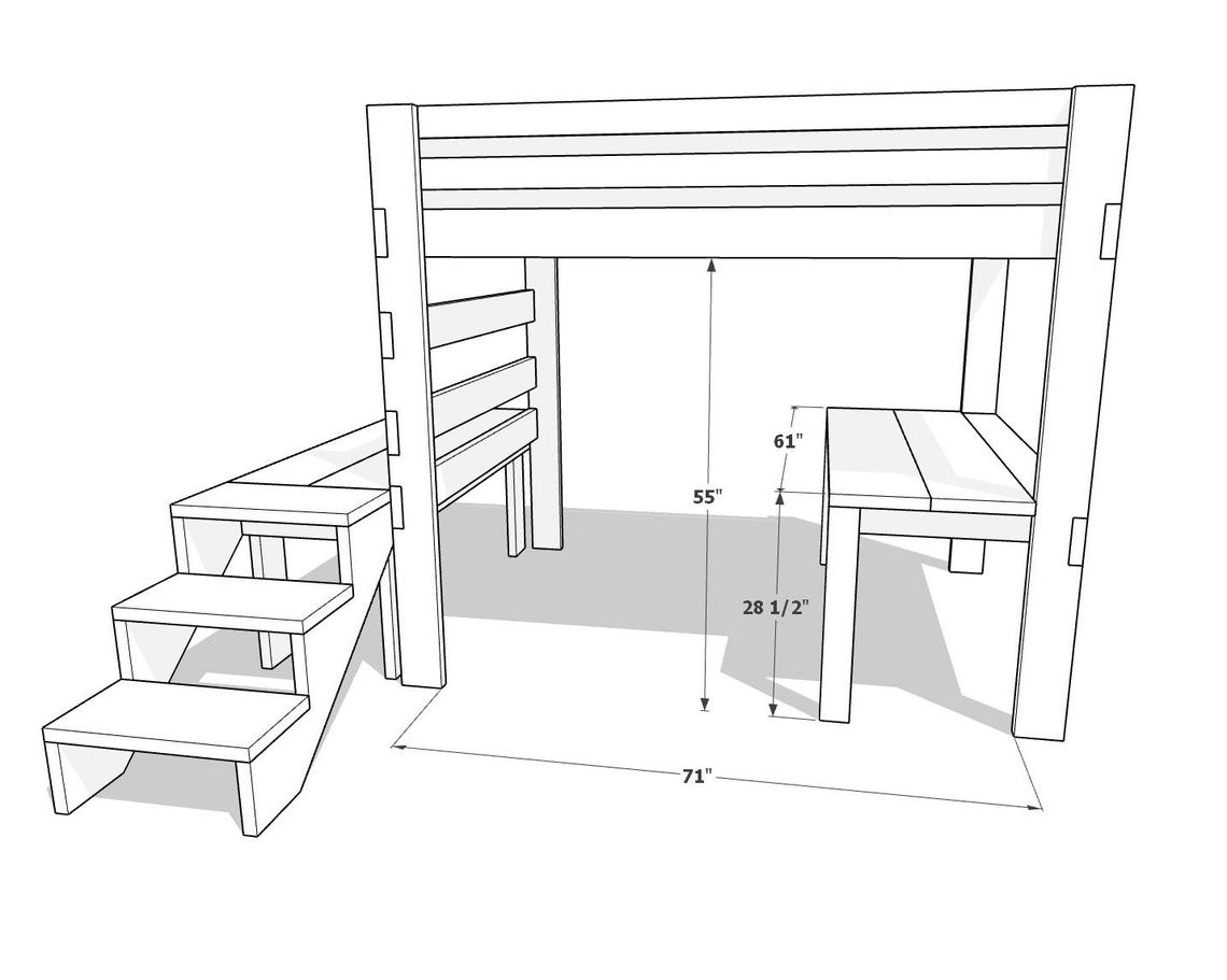 DIY Loft Bed With Stairs Plan PDF: Full Size, Built-in Desk - Etsy