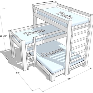 May include: A white wooden bunk bed with a twin-sized mattress on top and a queen-sized mattress on the bottom. The bed has a ladder on the side and is 82 1/2 inches tall, 88 inches wide, and 87 inches deep.