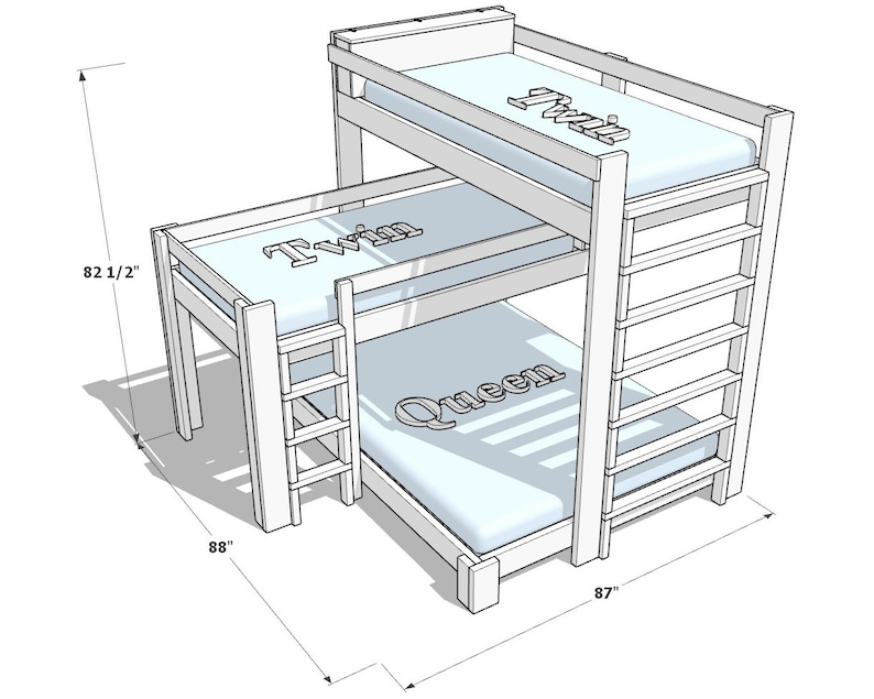 May include: A white wooden bunk bed with a twin-sized mattress on top and a queen-sized mattress on the bottom. The bed has a ladder on the side and is 82 1/2 inches tall, 88 inches wide, and 87 inches deep.