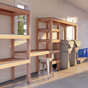May include: A garage storage system with three wooden shelves, a workbench, and a stool. The shelves are made of unfinished wood and have a natural wood finish. The workbench is also made of unfinished wood and has a natural wood finish. The stool is made of metal and has a silver finish.