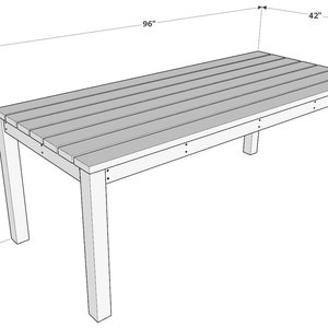 Op de afbeelding: Een rechthoekige houten tafel met een lattenblad. De tafel is 96 inch lang, 42 inch breed en 37 inch hoog.