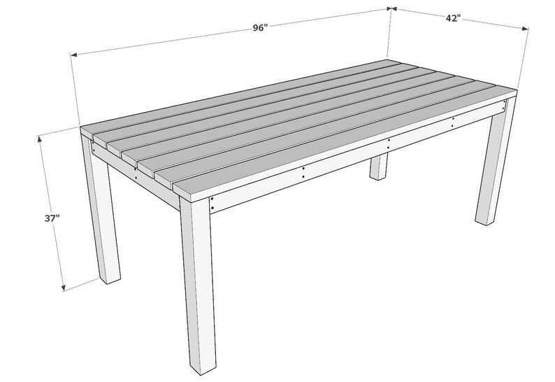 Op de afbeelding: Een rechthoekige houten tafel met een lattenblad. De tafel is 96 inch lang, 42 inch breed en 37 inch hoog.