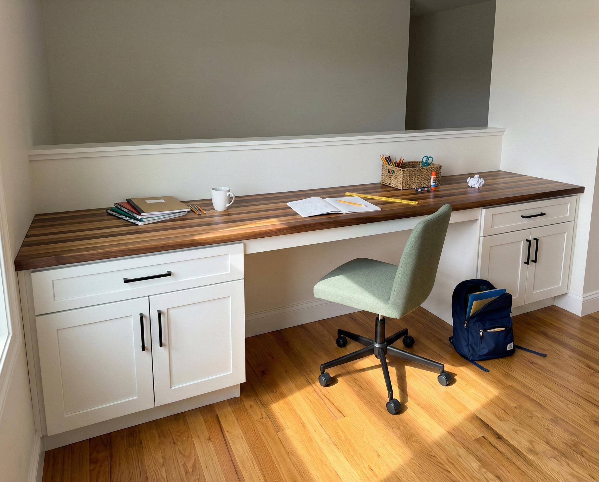 DIY Butcher Block Desk Plan PDF: Shaker Base Cabinets, 10-foot Built-in ...