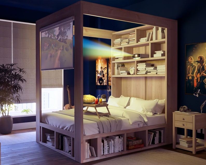 May include: A wooden bed frame with a built-in projector screen and shelves. The bed has a white duvet and pillows. There is a tray on the bed with snacks and drinks.