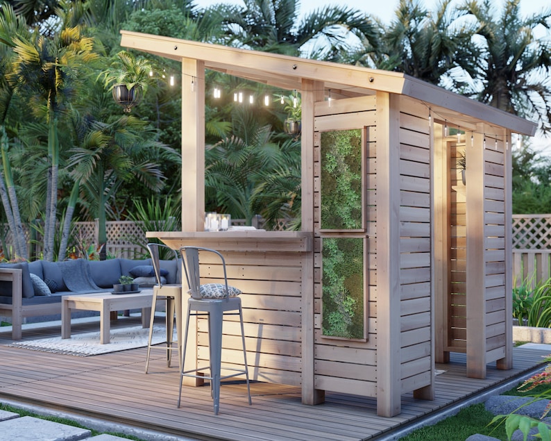 DIY Outdoor Bar Plans Featuring Wall Roof and Storage Etsy