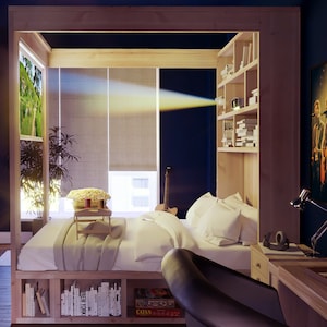 May include: A wooden bed frame with a built-in bookshelf and a projector projecting a movie onto the wall. The bed has a white duvet and pillows, and there is a tray with a bowl of popcorn on the bed. There is a desk with a lamp and a chair in the corner of the room.