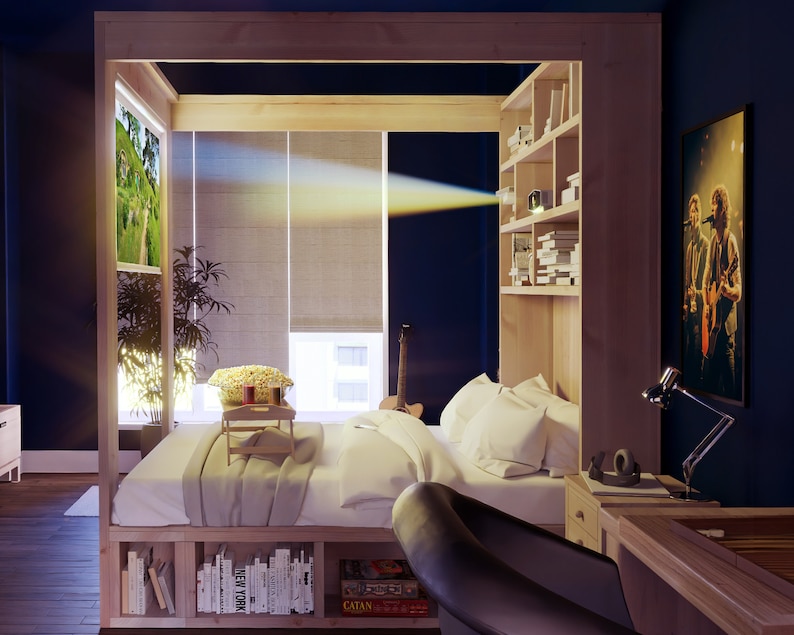 May include: A wooden bed frame with a built-in bookshelf and a projector projecting a movie onto the wall. The bed has a white duvet and pillows, and there is a tray with a bowl of popcorn on the bed. There is a desk with a lamp and a chair in the corner of the room.