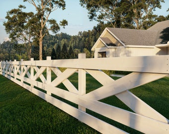 May include: A white wooden fence with a criss-cross pattern. The fence is in front of a house with a green lawn.