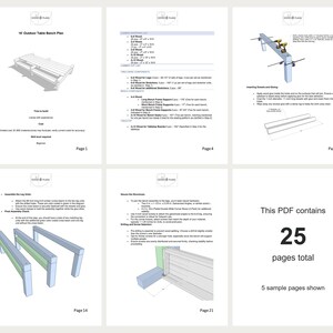 PDF plan preview for Outdoor Table with Benches Plan 16 ft: five sample pages from the 25-page main project PDF, showing planning details and illustrated building steps. Digital download.