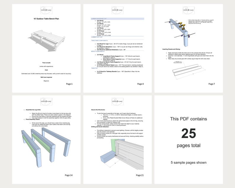 PDF plan preview for Outdoor Table with Benches Plan 16 ft: five sample pages from the 25-page main project PDF, showing planning details and illustrated building steps. Digital download.