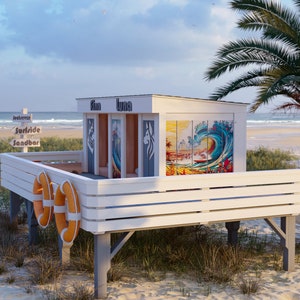 May include: A white wooden beach hut with a sign that says "Sun Luna" and a colorful mural depicting a wave. The hut is on a wooden platform with a railing and two orange life preservers. There is a palm tree in the background.