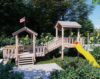 PDF Download, Outdoor wood double kids playhouse DIY plan