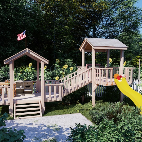 PDF Download, Outdoor wood double kids playhouse DIY plan