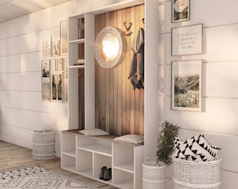 Mudroom Hall Tree Bench Plan with Cubbies and Shoe Rack, PDF Download