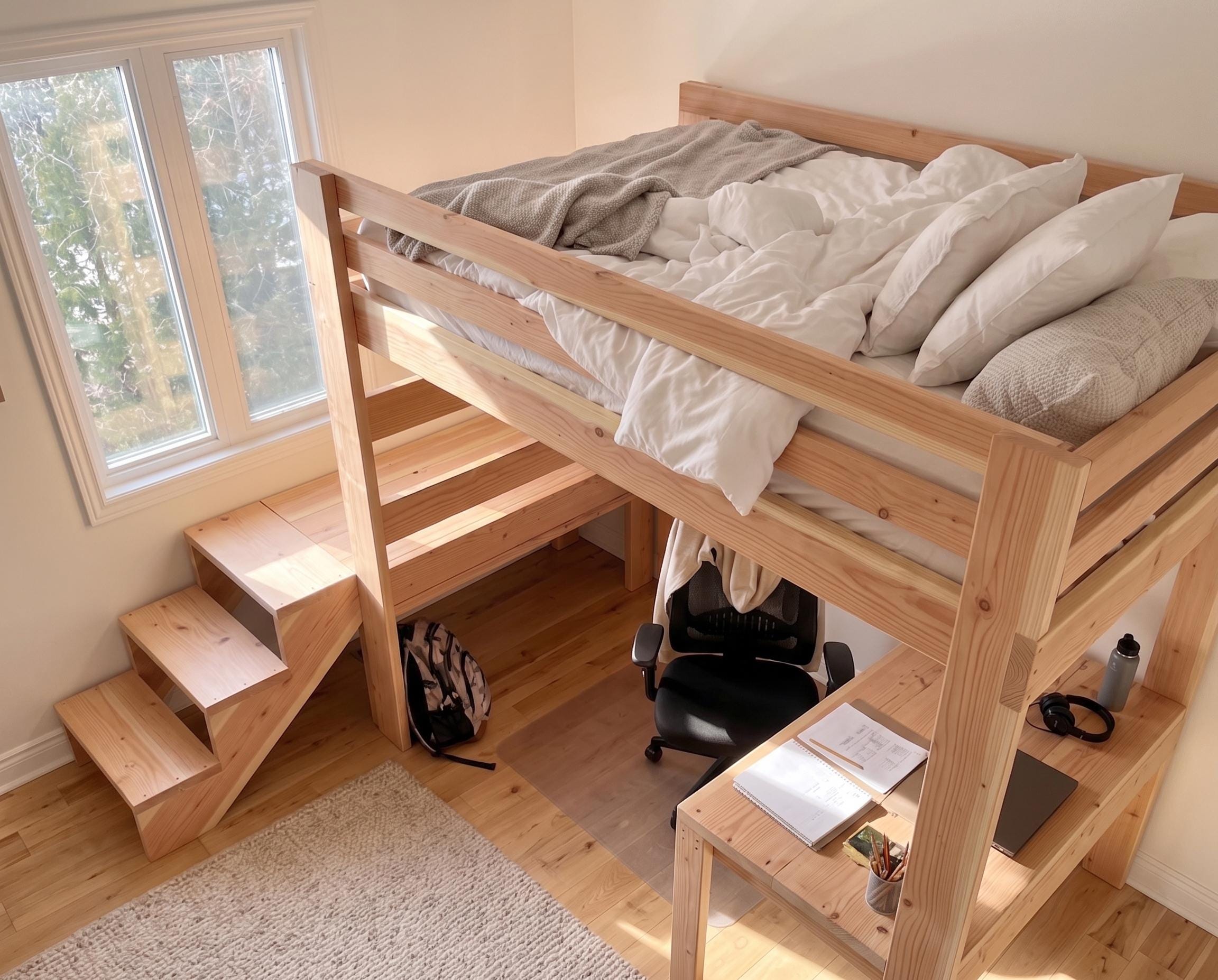 DIY Loft Bed With Stairs Plan PDF: Full Size, Built-in Desk - Etsy