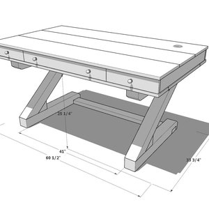 Puede incluir: Un escritorio de madera con una tapa rectangular y tres cajones. El escritorio tiene una base en forma de X &uacute;nica y mide 154 cm de ancho, 86 cm de profundidad y 77 cm de alto.