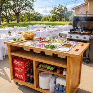 Może przedstawiać: Drewniany wózek do przygotowywania jedzenia na świeżym powietrzu z różnymi dodatkami, limonkami i miską chipsów tortilla. Po prawej stronie znajduje się grill. Stoły z białymi obrusami i krzesłami w tle, sugerujące imprezę plenerową.