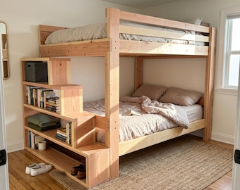 Queen Over Queen Bunk Bed-Pläne mit Lagerungstreppen | Erwachsenen Holz Loft Möbel Holzbearbeitung PDF | Zum Selbermachen