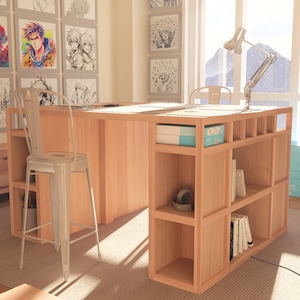 Pu&ograve; includere: Una scrivania in legno chiaro con una libreria incorporata e uno sgabello in metallo bianco. La scrivania ha un'ampia superficie di lavoro e diversi ripiani per riporre gli oggetti. Lo sgabello &egrave; alto e ha un design semplice.