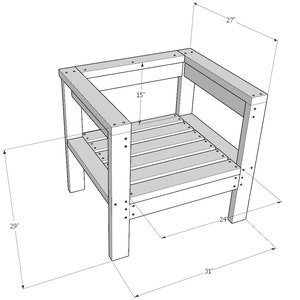 Puede incluir: Dibujo de l&iacute;nea de una silla de madera con dimensiones etiquetadas en pulgadas. La silla tiene 27 pulgadas de alto, 29 pulgadas de ancho, 31 pulgadas de profundidad y un ancho de asiento de 15 pulgadas y una profundidad de asiento de 24 pulgadas.