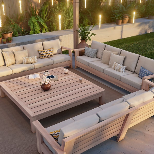 DIY-Terrassenbank- und Tischplan, DIY-Terrassenschnitt, ergonomische Sitzmöbel, Bank- und Tischplanset, Bauanleitungen