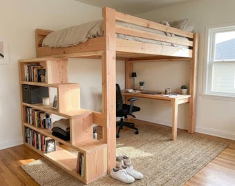 DIY Queen Size Loft Bed Plan PDF: Built-In Stair Shelves, Desk Included