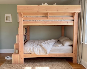 DIY Queen Over Queen Bunk Bed Plan PDF: Holzbau mit Aufbewahrungstreppe, eingebautes Regal