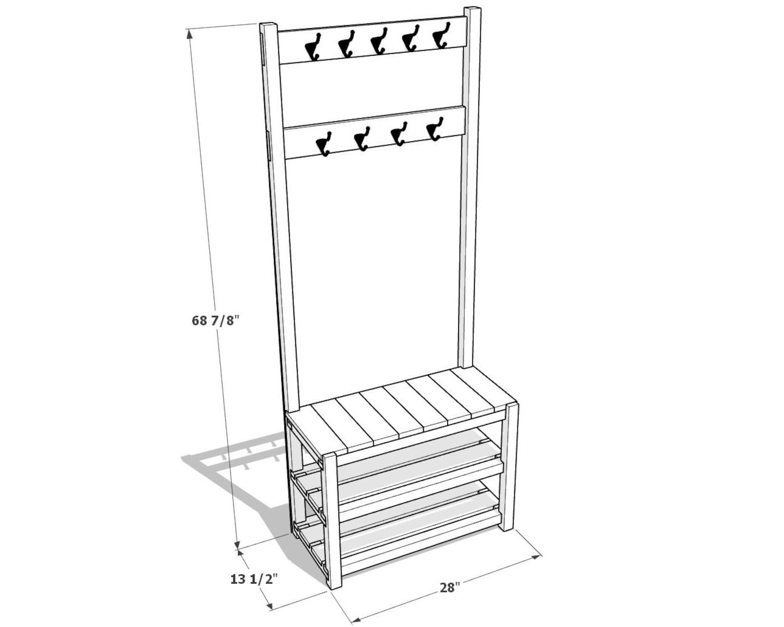 DIY Hall Tree Plan PDF: Solid Wood, Coat Hooks, Bench, Shoe Storage - Etsy