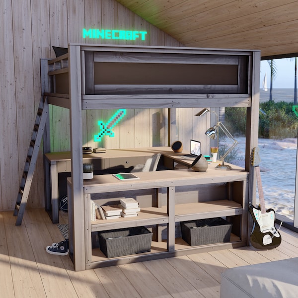 Full Loft Bed Plan with Desk and Storage, PDF Download