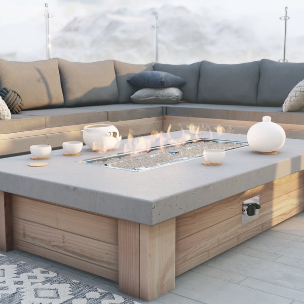 PDF Download, DIY outdoor gas fire pit plan, featuring cement slab and propane tank concealing table