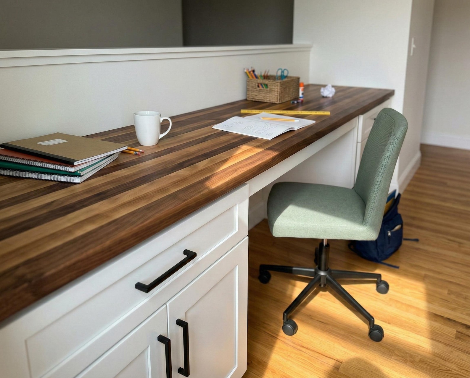 DIY Butcher Block Desk Plan PDF: Shaker Base Cabinets, 10-foot Built-in ...