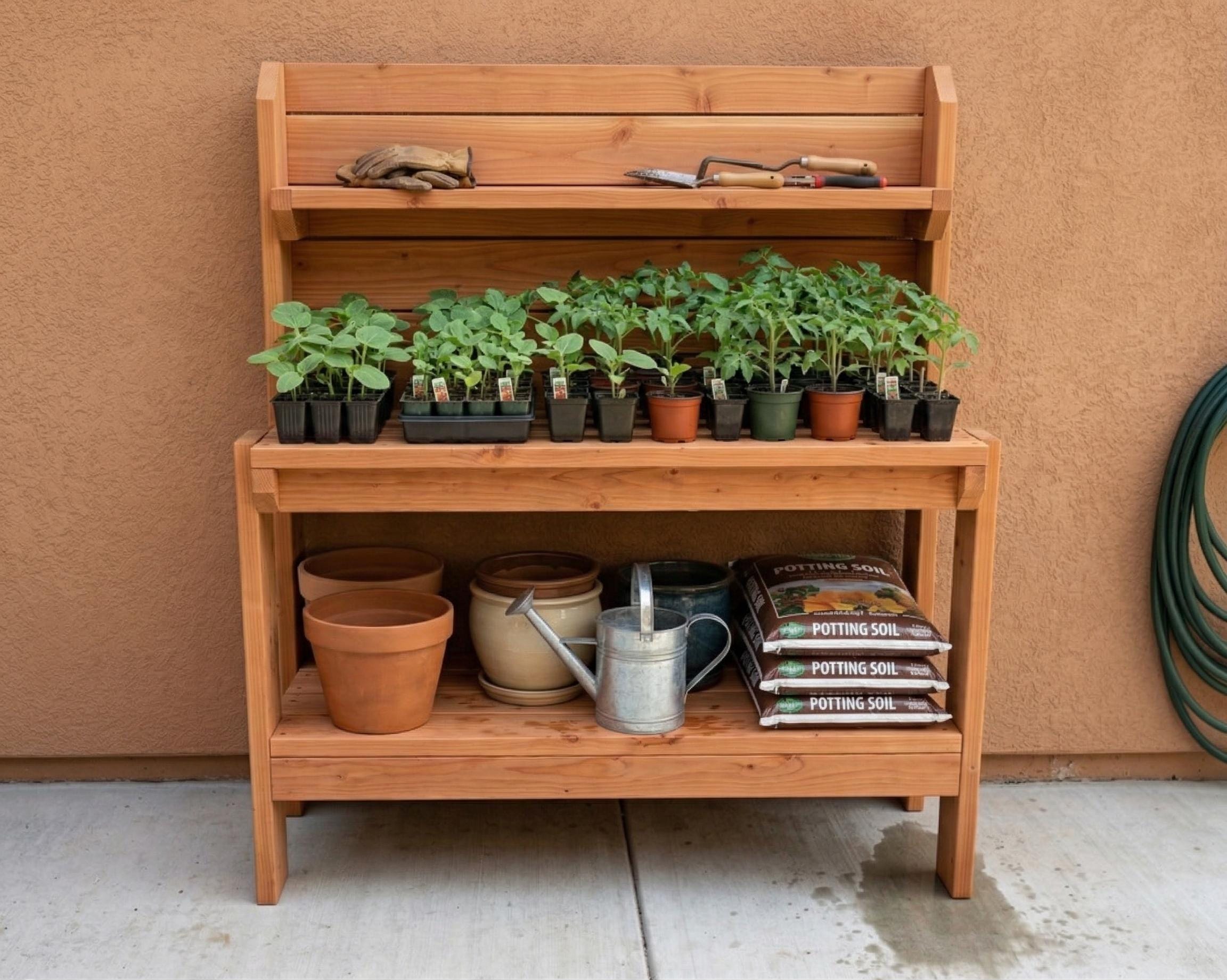 DIY Potting Bench Plan PDF: Garden Workstation With Storage Shelf ...