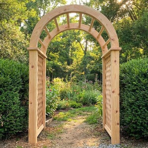 Puede incluir: Un arco de jardín de madera con una parte superior curvada y paneles laterales de celosía. La estructura de tono de madera natural enmarca un camino que conduce a un jardín exuberante, rodeado de follaje verde y luz solar.