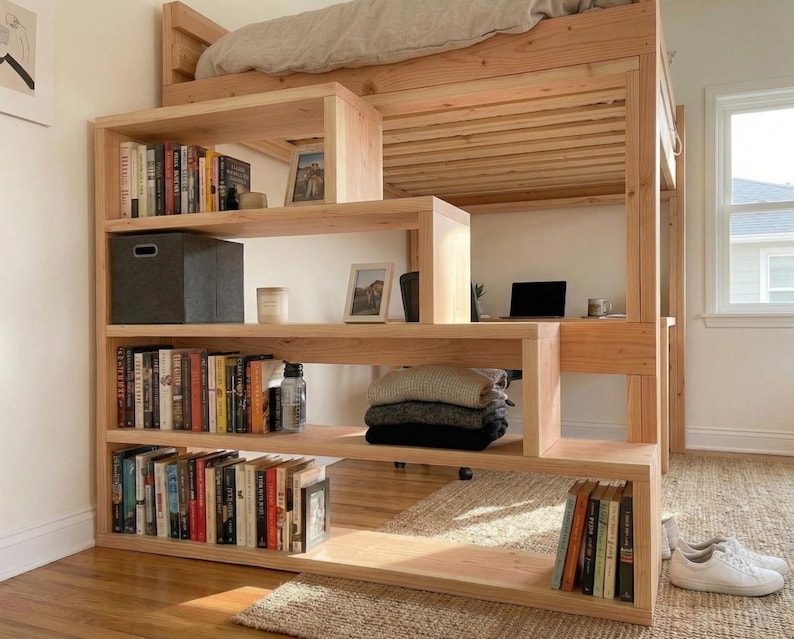 May include: A light-colored wooden loft bed with built-in shelving and a desk area. The shelves are filled with books, a storage box, and decorative items. A laptop sits on the desk. The bed is made of light-colored wood.