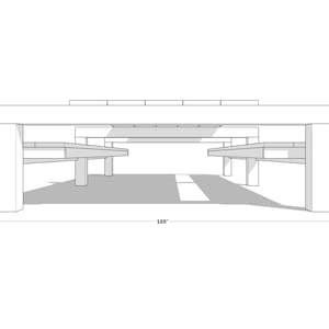 May include: Line drawing of a carport with a 100-inch wide span. The carport has a flat roof supported by four columns.