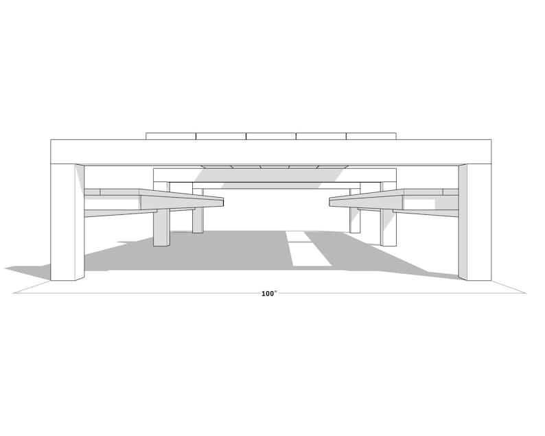May include: Line drawing of a carport with a 100-inch wide span. The carport has a flat roof supported by four columns.