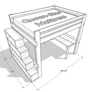 May include: Line drawing of a queen-size loft bed with integrated shelving and a desk. The bed frame is 98 1/4 inches long, 67 inches wide, and 72 inches high. The words "Queen-Size Mattress" are visible on the mattress.