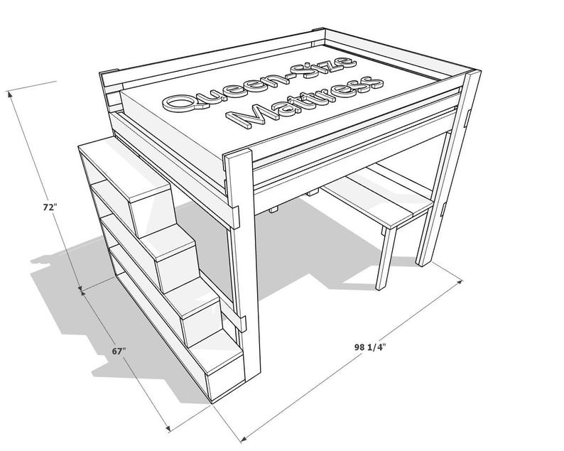 May include: Line drawing of a queen-size loft bed with integrated shelving and a desk. The bed frame is 98 1/4 inches long, 67 inches wide, and 72 inches high. The words "Queen-Size Mattress" are visible on the mattress.