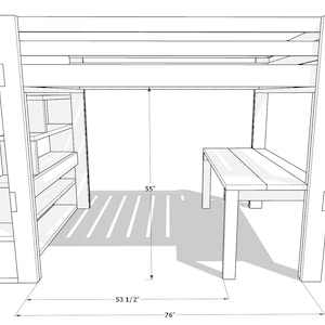May include: A loft bed with a built-in desk and shelving unit. The bed frame is 76 inches long, 53.5 inches wide, and 55 inches high. The design is a line drawing in black and white.