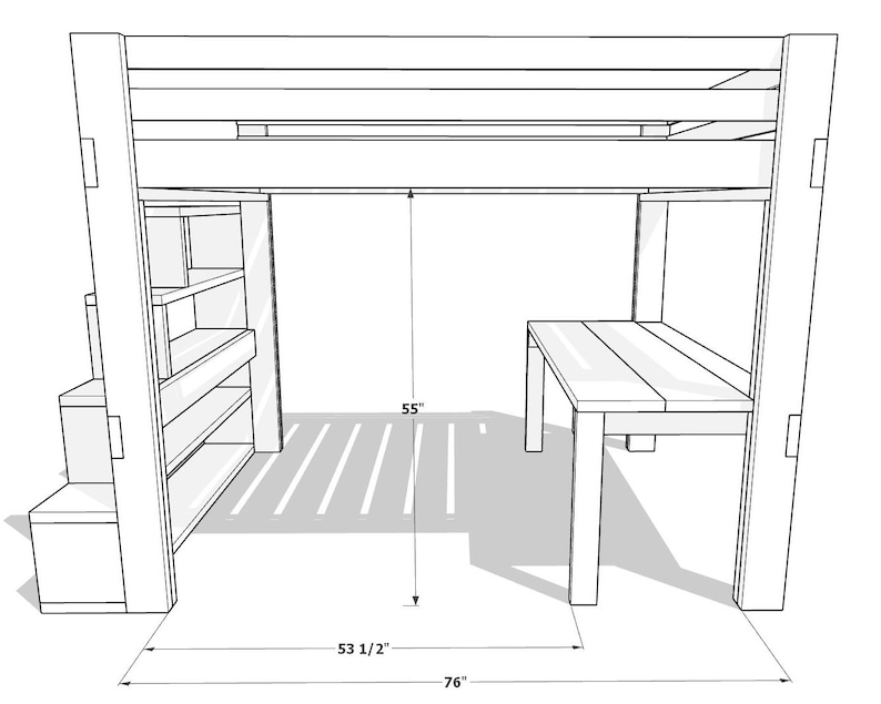 May include: A loft bed with a built-in desk and shelving unit. The bed frame is 76 inches long, 53.5 inches wide, and 55 inches high. The design is a line drawing in black and white.
