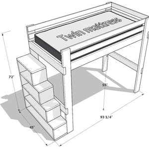 Puede incluir: Una cama litera de madera blanca con una escalera y estantes incorporados. La cama est&aacute; dise&ntilde;ada para un colch&oacute;n individual y mide 183 cm de alto, 114 cm de ancho y 236 cm de largo. El marco de la cama est&aacute; hecho de madera resistente y tiene un dise&ntilde;o simple y moderno.