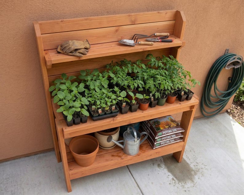 DIY Potting Bench Plan PDF: Garden Workstation With Storage Shelf ...