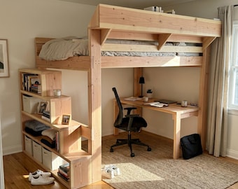DIY Queen Loft Bed Plan PDF: Eingebauter Schreibtisch, Aufbewahrungstreppe, Erwachsenenbau