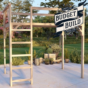May include: A wooden outdoor play structure with a ladder and a platform. The structure is made of natural wood and has a rustic look. The structure is in a garden setting with green grass and trees in the background. The text "BUDGET BUILD UNDER £100" is visible on the structure.