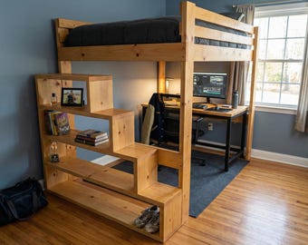 DIY Full Size Loft Bed Plan PDF: Built-In Stair Shelves, Beginner Friendly