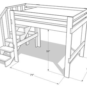 May include: A wooden loft bed with a built-in staircase. The bed frame is 71 inches long, 58 inches wide, and 55 inches high. The design is simple and functional, suitable for a child's or teenager's room.